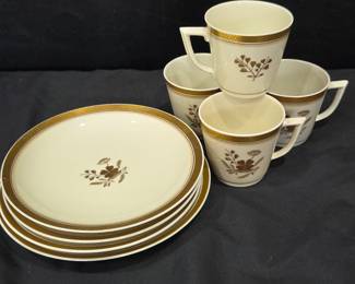 Lot #87 - Royal Copenhagen Denmark "Golden Clover/Liselund" Porcelain Cups & Bread and Butter Plates