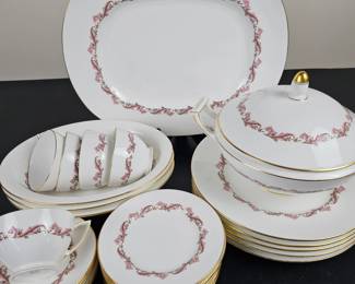 Lot #100 - Minton Laurentian Bone China Dinnerware Set with Covered Serving Bowl & Gold Trim