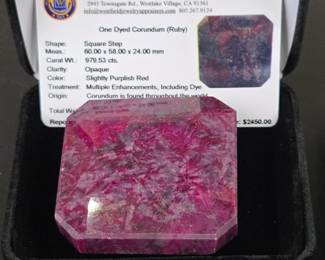 Lot #5 - Large 979.53 Ct Dyed Corundum Ruby Square Step Cut Gemstone - Purplish Red Opaque - With Gem Appraisal Card