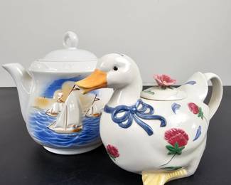 Lot #43 - Vintage Lenox Poppies on Blue Barnyard Duck Teapot and Porcelier Nautical Sailboat Teapot