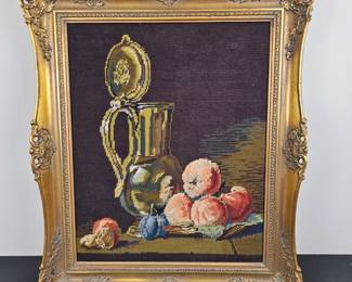 Lot #168 - Vintage Needlepoint Still Life Tapestry of Pitcher and Fruit, in Ornate Gold Frame
