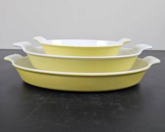 Lot #153 - Vintage Yellow Ceramic Casserole Dish Set - 3 Sizes with Unique Ribbed Handles - Made in France & Belgium