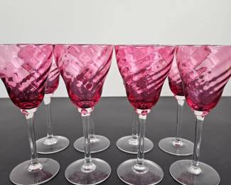 Lot #37 - Set of 8 Cranberry Glass Optic Swirl Goblets
