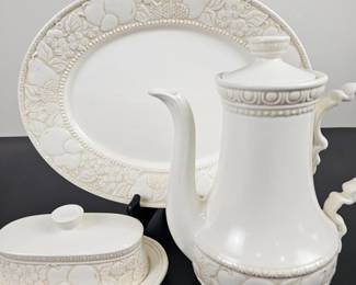 Lot #151 - Vintage Metlox Poppytrail "Vernon Antiqua" Afternoon Tea Set with Embossed Fruit Design - Elegant Ceramic Tea Service