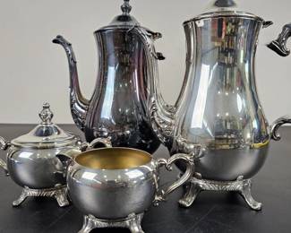 Lot #159 - Vintage Wm Rogers Silver Plated Coffee and Tea Set with Creamer and Sugar Bowl - Ornate Elegant Design