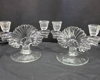 Lot #144 - Pair of 1930s Art Deco Padan City Glass "Maya Clear" Etched Glass Double Candlestick Holders with Fan Design