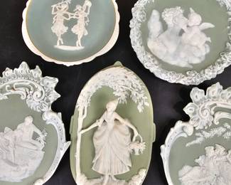 Lot #50 - Antique Camille Tharaud Limoges French Jasperware Pâte-sur-Pâte - Vintage Green & White Plates & Wall Decor