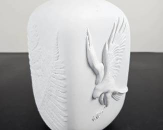 Lot #99 - Hutschenreuther Tirschenreuth Germany White Matte Bisque Porcelain Vase with Embossed Eagle & Fern Design