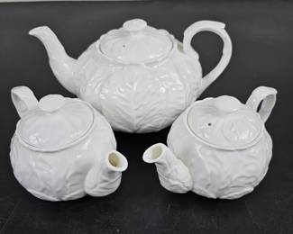 Lot #42 - Vintage Coalport & Wedgwood White Porcelain Textured Leaf "Countryware" Pattern Teapot Set - 3 Piece Ceramic Tea Pots