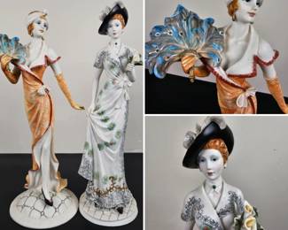 Lot #172 - Vintage Porcelain Elegant Lady Figurines Set, Hand-Painted Ceramic Victorian Style Statues, Decorative Collectibles