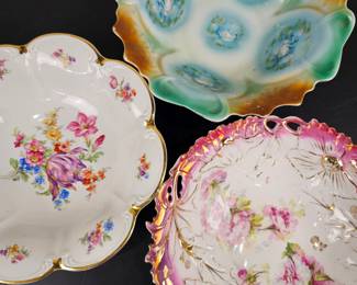 Lot #47 - Antique & Vintage Porcelain Floral Decorative Bowls Set with Gold Trim - Hand Painted Collectible Serving Dishes