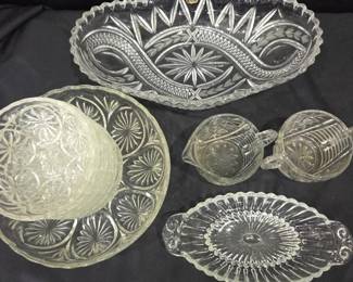 Lot #84 - Vintage Glass & Crystal Serving Set - Creamer, Sugar, Oval Serving Trays, Dessert Bowls and Serving Bowl