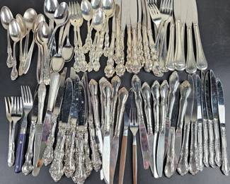 Lot #111 - Vintage Mixed Silverplate & Stainless Flatware Lot - Ornate Engraved Forks, Spoons & Knives Collection