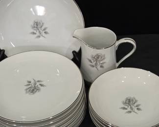 Lot #94 - International Fine China 6036 Allure Afternoon Tea Set - Porcelain Plates & Creamer with Silver Trim