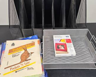Lot #58 - Metal Mesh Desk Organizer Set with File Holders & Letter Tray, Plus Photo Paper & More - Office Storage & Supplies