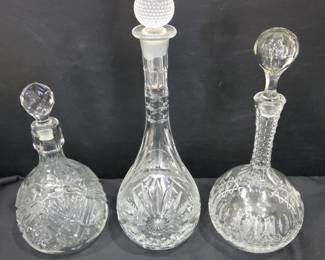 Lot #189 - Set of 3 Vintage Cut Glass Crystal Decanters with Stoppers - Elegant Barware Collection