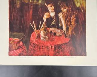 Lot #73 - Mark Miller 1988 Original Signed Artist's Proof Lithograph "Que du Cafe, Cheri?" - Cozy Cafe Scene Art