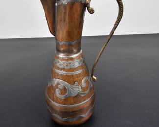 Lot #166 - 1930s Papaioannou Servia Greece Hand Etched Copper Silver Inlay Decorative Plate & Water Pitcher Set