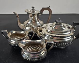 Lot #194 - Vintage Silver Plated Tea Set with Wood Handles - Elegant Tea & Coffee Pots with Creamer and Sugar Bowl