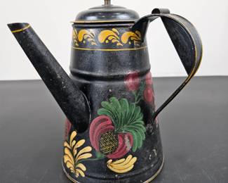 Lot #49 - Antique Tin Toleware Hand Painted Coffee Pot with Floral Design & Yellow Detailing