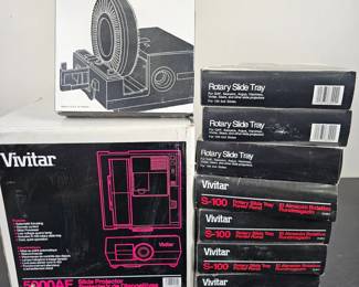 Lot #60 - Vivitar 5000AF Slide Projector + Multiple Vivitar S-100 Rotary Slide Trays for 100 2x2 Slides - Vintage Projection Gear