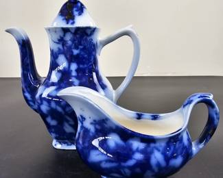 Lot #56 - Vintage Elijah Cotton (Nelson Pottery) Ironstone Flow Blue and White Coffee Pot and Creamer Set