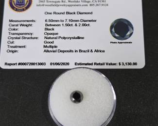 Lot #11 - Natural Round Black Diamond 1.5-2.0 Ct 6.5-7.1mm Polychystalline Good Cut Certified Gem