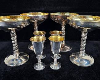 Lot #163 - Silverplate J Perez Ruiz Spain Champagne Coupe Glasses & Nacein Spain Wine Goblets