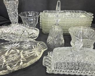 Lot #86 - Vintage Cut Glass Serving Set - Assorted Bowls, Trays, Bell, and Butter Dish