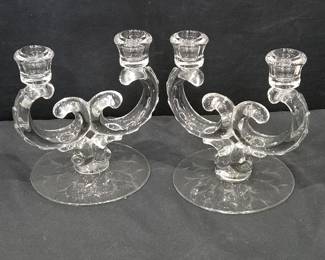 Lot #145 - Fostoria "Sprite" Etched Double Light Candlestick Pair, Vintage Elegant Glass Decor