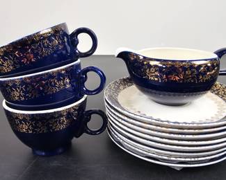 Lot #45 -TST429 Taylor Smith & Taylor Creamer & Tea Cups/Saucers Set -Versatile, Cobalt Band, Gold Filigree