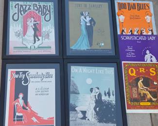 Lot #129 - Vintage Framed Jazz and Blues Sheet Music Posters - Jazz Baby, June in January, Doo Dah Blues, More