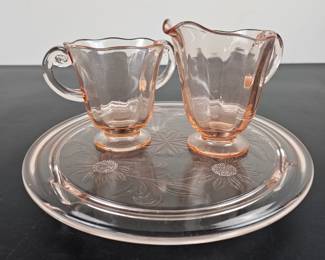 Lot #195 - Vintage Pink Depression Glass Serving Tray with Creamer and Sugar Set