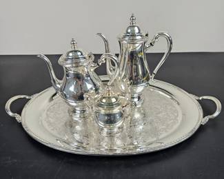 Lot #155 - International Silver Company "Camille" Silverplate Coffee & Tea Set with Elegant Engraved Serving Tray - 4 Piece Set