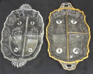Lot #82 - Vintage Etched Glass Divided Serving Trays with Gold Trim - Elegant Entertaining Platters