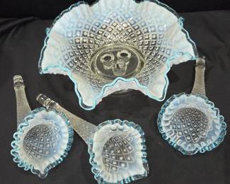 Lot #188 - Fenton Diamond Lace French Crest Blue & White Opalescent Glass Hobnail Epergne Set