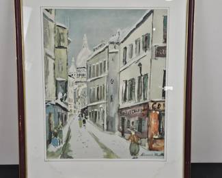 Lot #169 - Maurice Utrillo "La Rue Saint-Rustique, Paris" Street Scene Watercolor Painting in Vintage Wood Frame