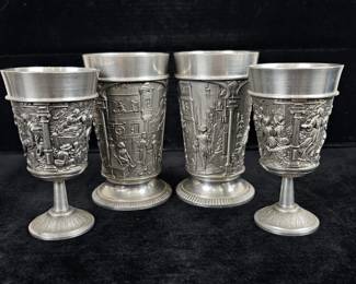 Lot #162 - Vintage Fein Zinn German Pewter Goblets Embossed Scenes 18th-Century Europe