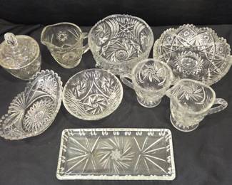 Lot #83 - Vintage Pressed Glass Serving Set with Intricate Star & Floral Cuts - Clear Glass Bowls, Creamer & Sugar, Tray
