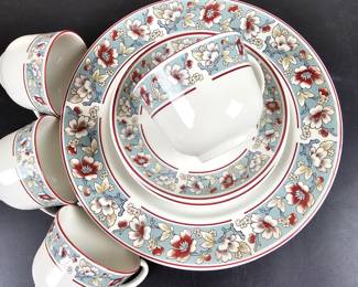 Lot #105 -Johnson Brothers "Malvern (Blue Rim)" Vintage Floral China Dinnerware For 4 - England Made Dishwasher & Microwave Safe
