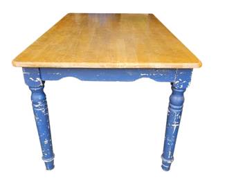 Lot #208 - Vintage Wooden Farmhouse Dining Table with Distressed Blue Painted Legs & Natural Wood Top