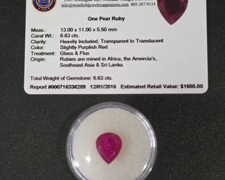 Lot #10 - 6.63 Ct Pear Shaped Ruby Gemstone Slightly Purplish Red Treated with Glass & Flux With Gem Appraisal Card