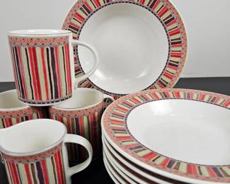 Lot #152 - Vintage Mikasa Intaglio "Color Ridge" Stoneware Dinnerware Set with Multicolor Stripe Pattern