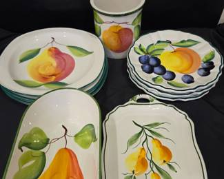 Lot #119 - Zanolli & Pizzato Hand Painted Italian Ceramic Fruit Dinnerware Set - Plates, Serving Tray & Utensil Holder