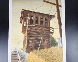 Lot #63 - Vintage Glen Fortune Banse Historic Railroad Signal Tower Lithograph Artwork - Rustic Railroad Scene Print