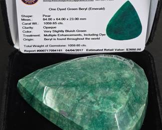 Lot #6 - Large Dyed Green Beryl Emerald Gemstone Pear Cut 1059.65cts with Gem Appraisal Card