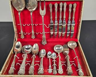 Lot #177 - Vintage Unmarked Silver Flatware Set Ornate Design with Case – 45 Pieces