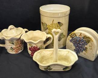 Lot #116 - Vintage Cabernet Hand Painted Grapes Utensil Holder, Napkin Holder, Sugar Bowl, Creamer, & Salt/Pepper Caddy