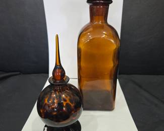 Lot #81 - Vintage Amber Glass Apothecary Bottle with Cork Stopper & Decorative Perfume Bottle