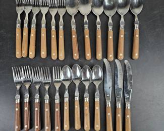 Lot #107 - Vintage Washington Forge Mardi Gras Brown Composite Handle Stainless Steel Flatware Set - Forks, Spoons & Knives